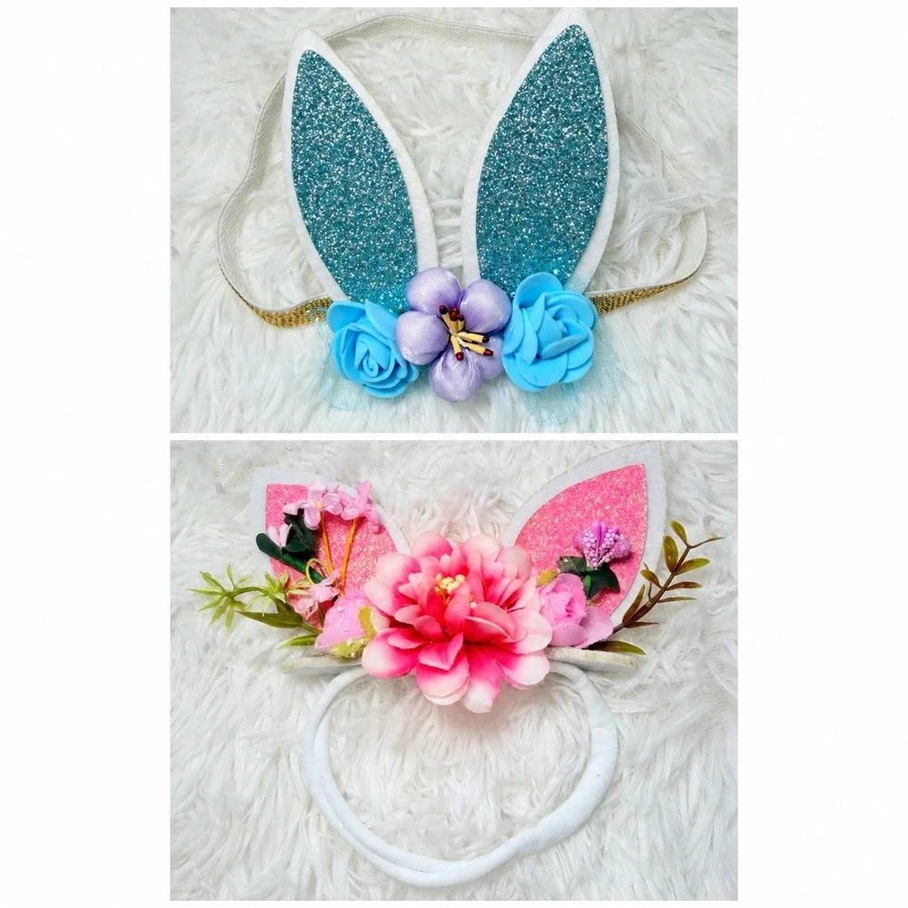 2 Floral Bunny Cat Ear Headbands Halloween Costume Dress Up Fairycore